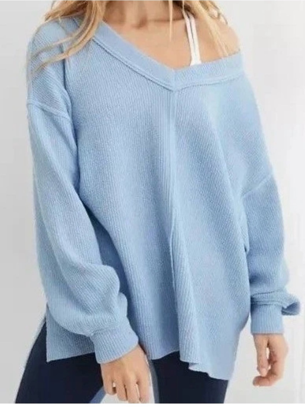 Aerie Oversized Waffle Knit V-Neck Sweater Light Blue XS